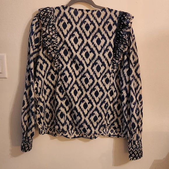 Sezane Printed Ruffle Cotyon Blue Button Down Blouse Size 42 US 10 - Picture 8 of 12